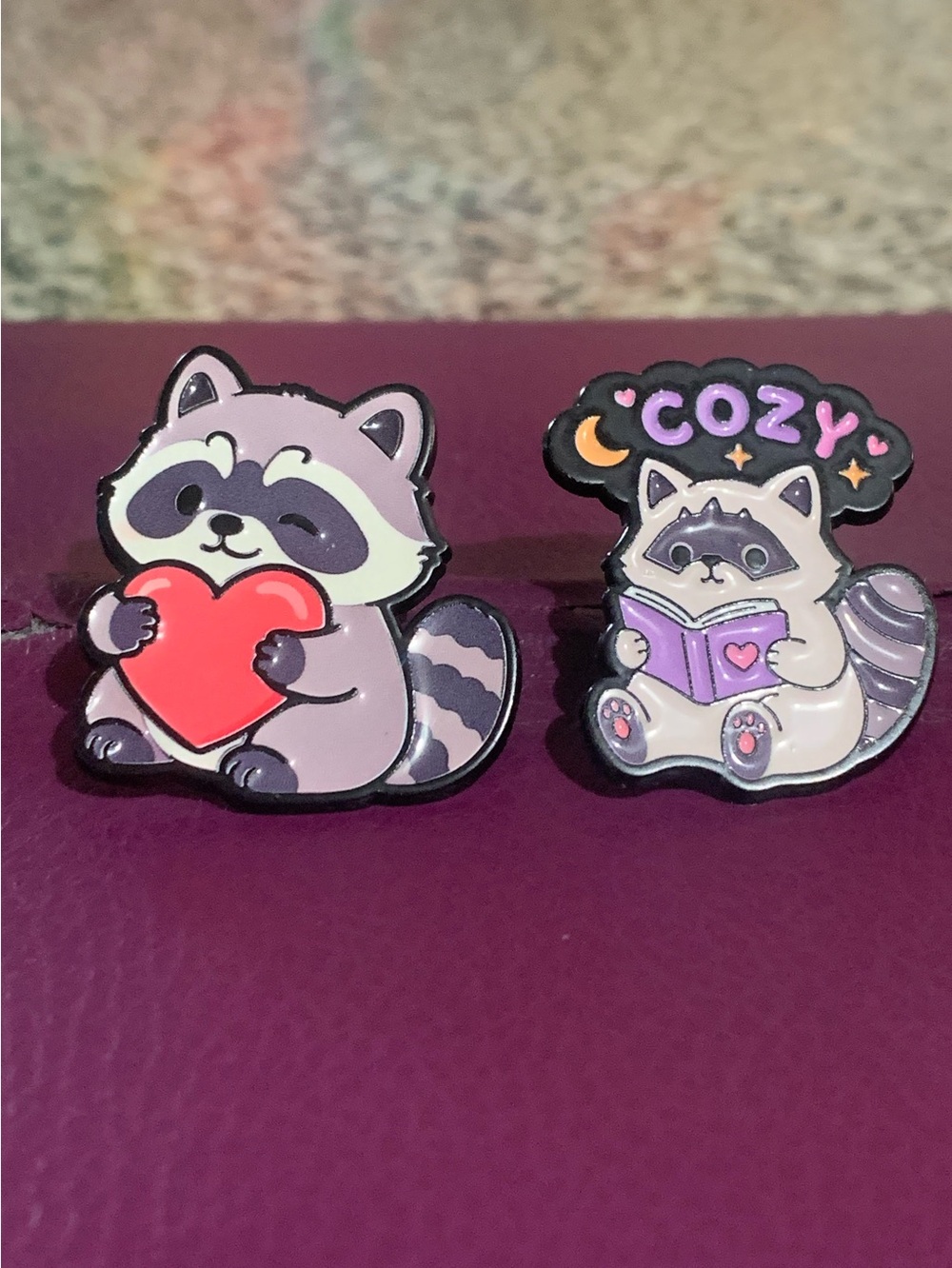 Cute Raccoon Heart & Cozy Reading Enamel Pins - Pink Gray